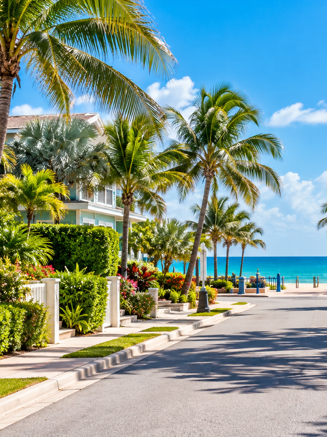 Palm-lined coastal neighborhood with tropical homes and beach access in a Lauderdale-by-the-Sea-inspired setting